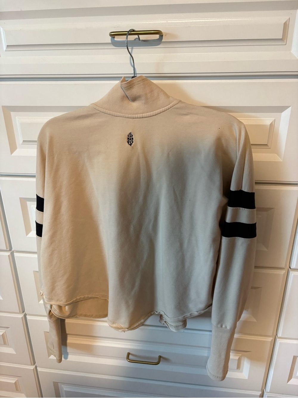 Free People Beige Button-Front Cropped Top with Black Sleeve Stripes - Picture 2 of 3